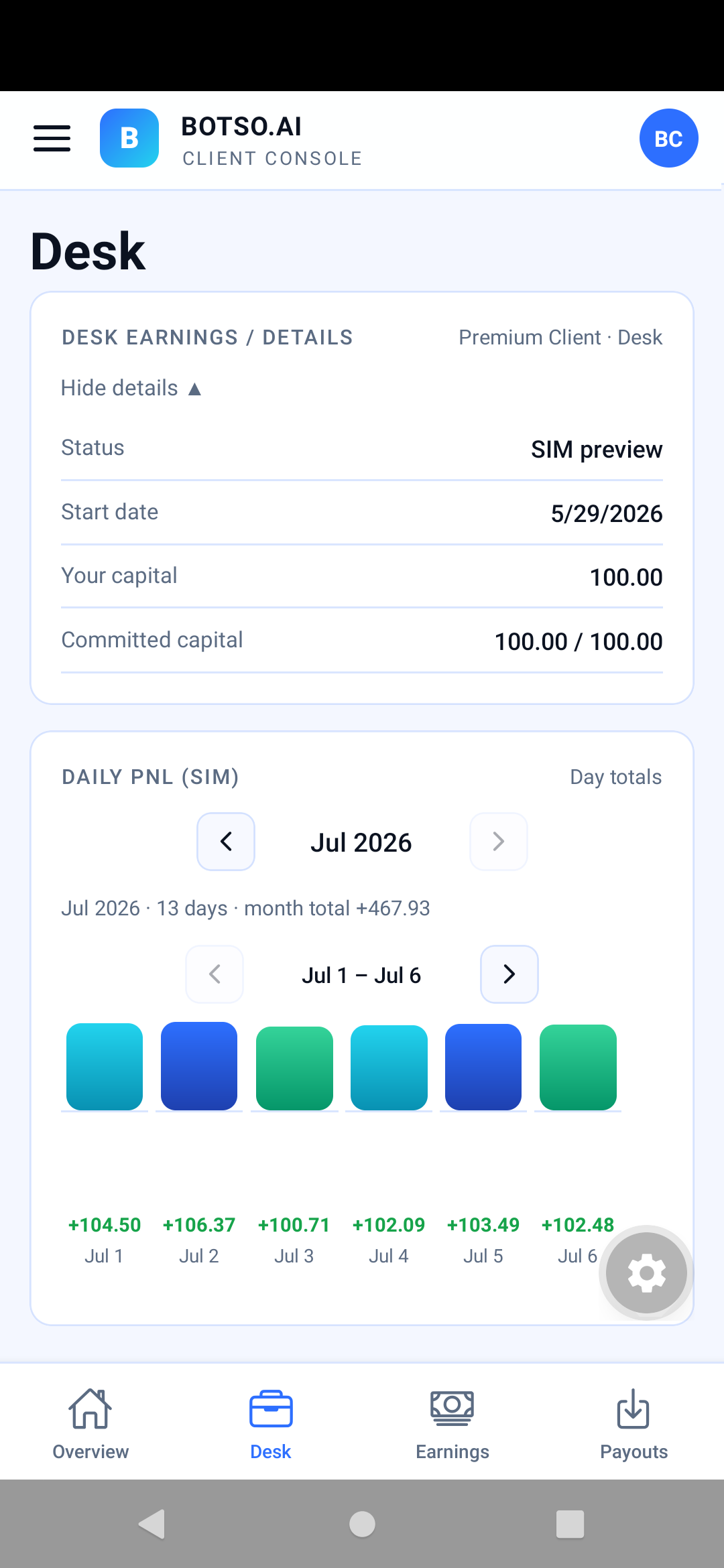 Botso Desk app Desk screen &mdash; light theme