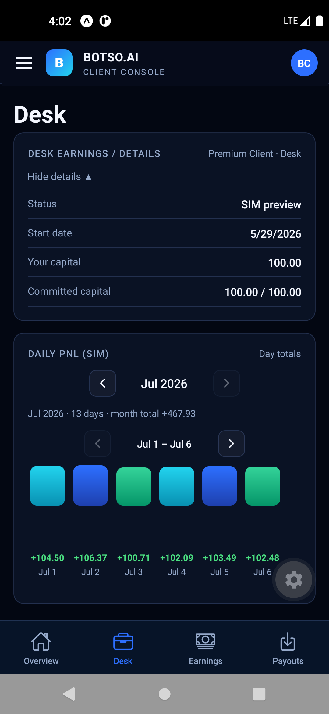 Botso Desk app Desk screen &mdash; dark theme