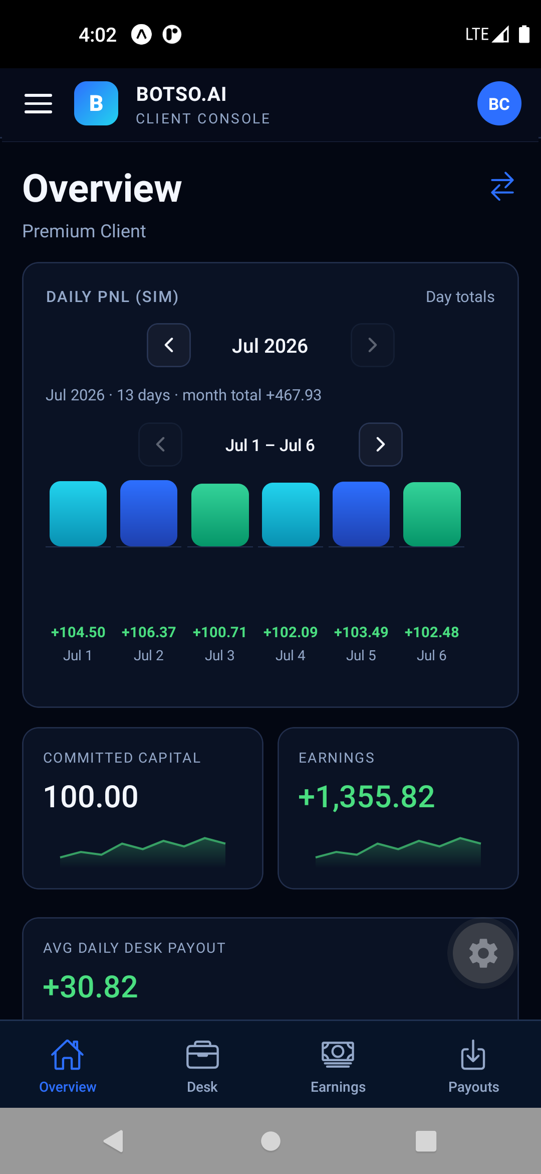 Botso Desk app Overview screen &mdash; dark theme